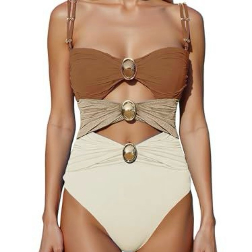 Brown and Cream Cutout Swimsuit